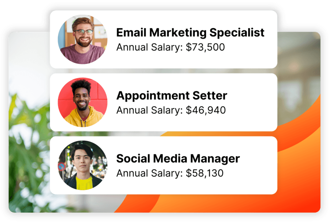 Business development team showing Email Marketing Specialist, Appointment Setter, and Social Media Manager roles with annual salary savings